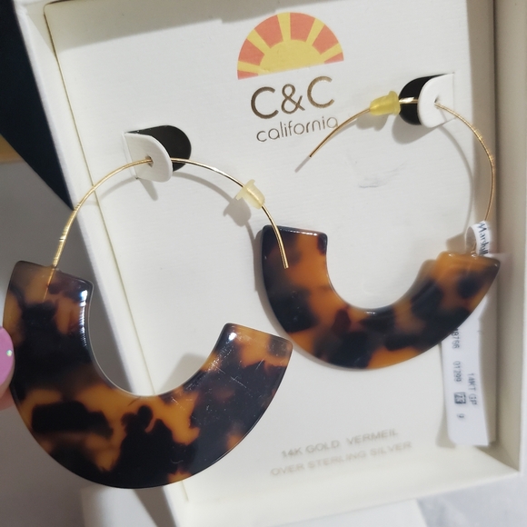 NEW C&C California Tortoise Shell Gold Vermeil Sterling Silver Hoop Earrings - Picture 4 of 7